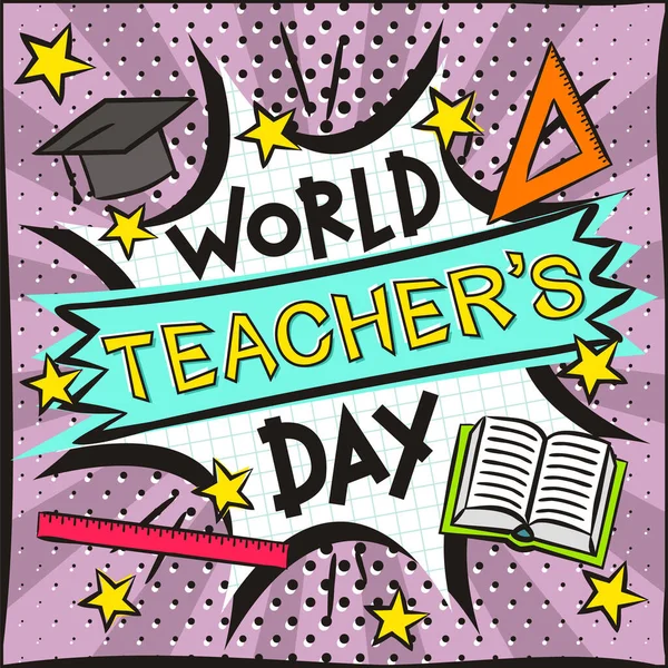 Journée Mondiale Des Enseignants Bannière Lumineuse Dans Style Popart Explosion — Image vectorielle