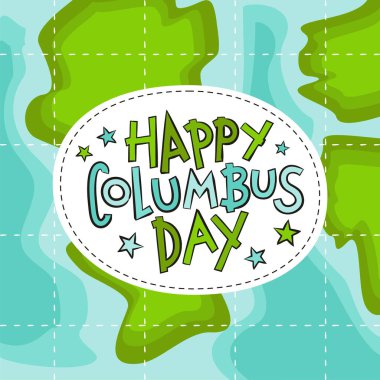 Coğrafi haritanın arka planında Mutlu Kolomb Günü 'nü kutlamak. Çocukların tatil klubü. Parti afişi, sunum, şablon için boş. Vektör illüstrasyonu