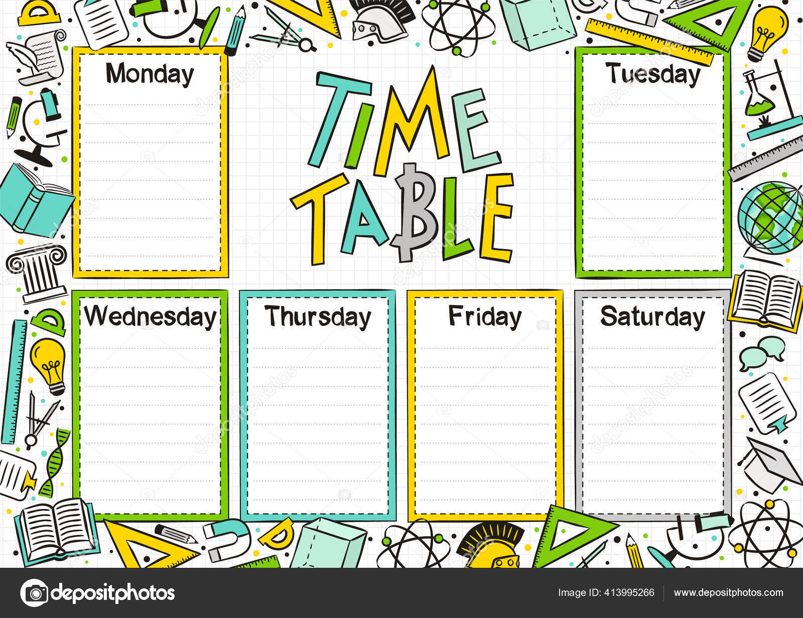 Spanish Comic template of a school schedule for 5 days of the week. Cartoon  Blank for a list of school subjects. Transaltion: Timetable, Monday,  Tuesday, Wednesday, Thursday, Friday. Vector popart Stock Vector