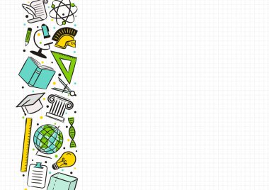 Elle çizilmiş okul öğelerinden oluşan dikdörtgen bir çerçeve. Kutudaki bir defter kağıdının arkaplanı. Okul afişleri, diplomalar, sertifikalar, posterlerin dekorasyonu için vektör illüstrasyonu.