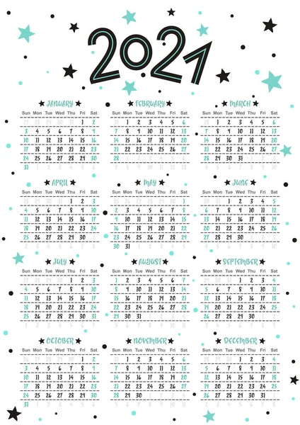 2021年 印有星点的肖像方向的日历模板 2021年制定12个月的年历 神奇可爱的小集团 矢量说明 — 图库矢量图片