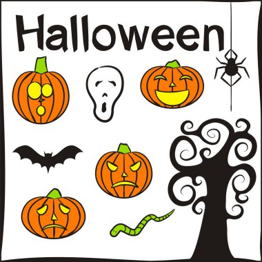 Beyaz arka planda el yapımı Cadılar Bayramı öğeleri var. Karalama tarzında cadılar bayramı ikonları. Kavisli balkabakları, örümcek, yarasa, solucan, sihirli ağaç, çığlık atan kafatası. Vektör illüstrasyonu