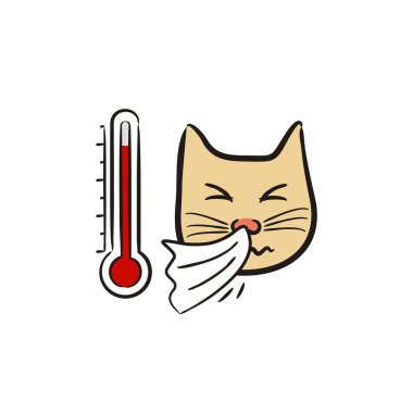 Ateşli, elleri çizilmiş hasta bir kedi. Hastalıklı hapşıran sevimli hayvan. Semptomlar, karantina, ilaç, güvenlik ve sağlık konularındaki vektör çocukların çizimi.