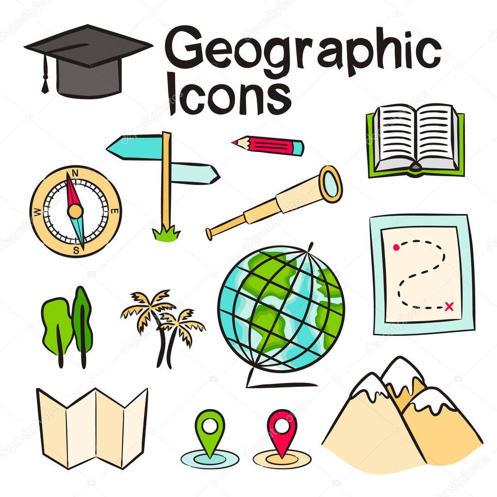 Set of hand drawn Geographic school icons. Pictograms of globe, compass, map, route, mountains, navigation, Spyglass, Geography. Vector illustration for school and education projects.
