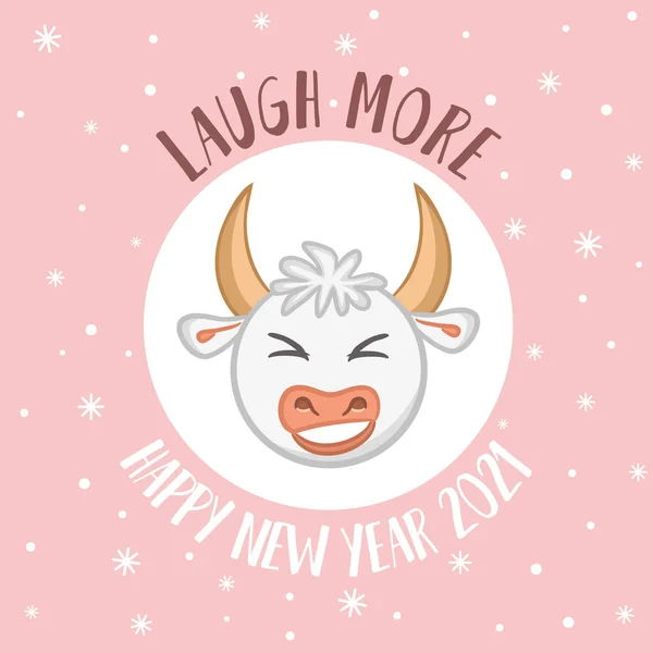 Cute New Year Card Wish Cartoon Laughing Bull Symbol 2021 — Stock Vector