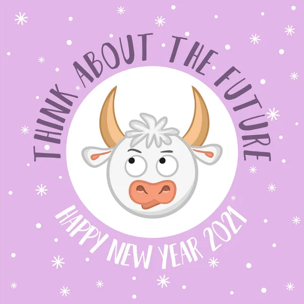 Cute New Year Card Wish Cartoon Brooding Bull Symbol 2021 — Stock Vector