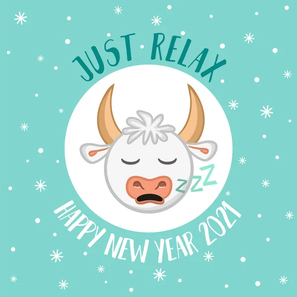 Cute New Year Card Wish Cartoon Sleeping Bull Symbol 2021 — Stock Vector