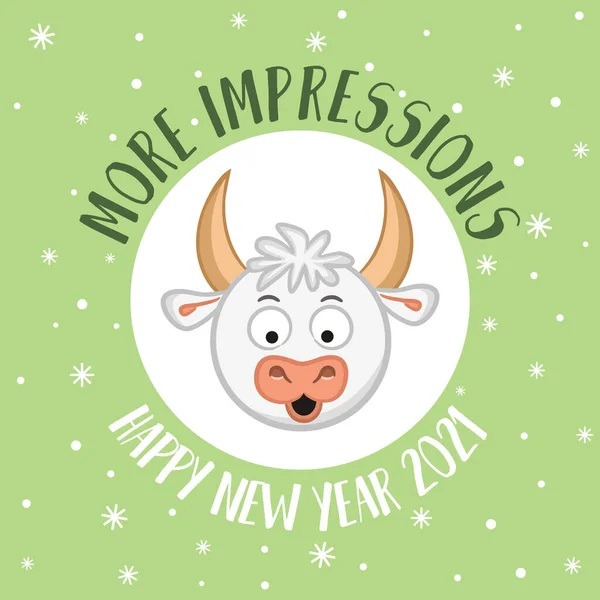 Cute New Year Card Wish Cartoon Surprised Bull Symbol 2021 — Stock Vector
