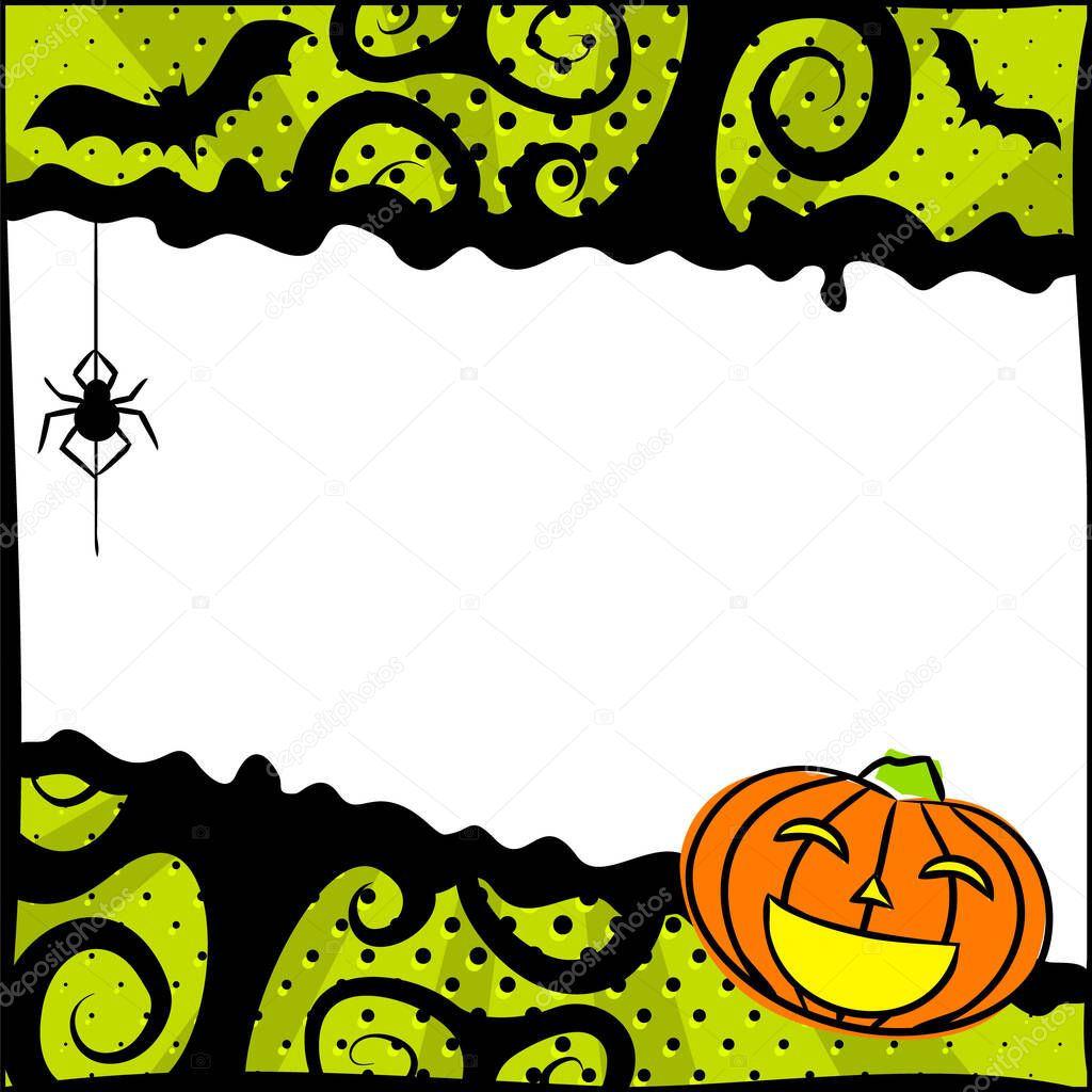 Pop art frame with Pumpkin emoji. Bright green Template hanging spider, bats, spiral tree and black smudges for a poster or banner . Vector illustratio on the Halloween party or ads.