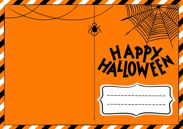 Orangefarbene Postkarte Halloween Grußkartenvorlage Zum Senden Mit Spinne Und Netz — Stockvektor