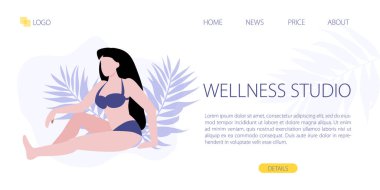 Palmiye yapraklarının etrafında mor bikinili beyaz bir kadının vektör çizimi. Rahatlama stüdyo konsepti. Web sayfası şablonu. Spa ve rahatlama, egzotik eğlence konsepti
