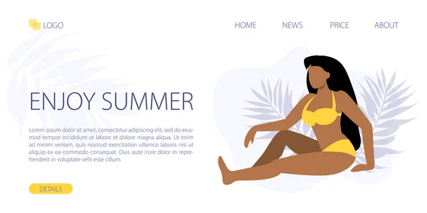 Ilustración Vectorial Mujer Negra Morena Sentada Bikini Amarillo Vacaciones Verano — Archivo Imágenes Vectoriales