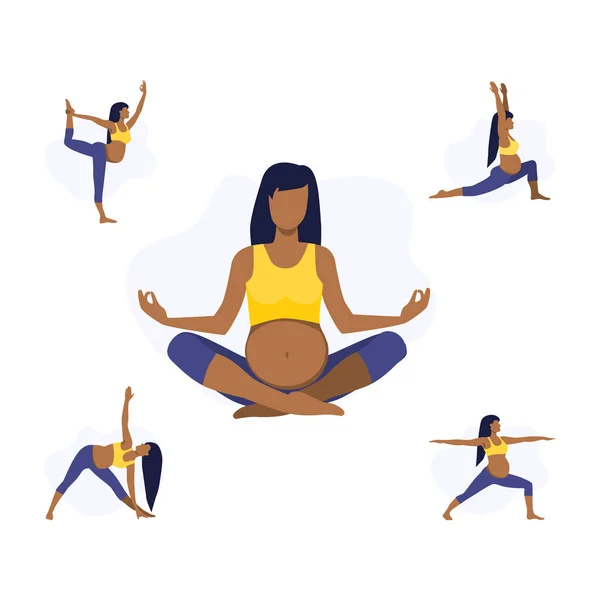 Hamile Siyah Latin Kızların Yoga Kursunda Vektör Çizimleri Sağlıklı Sağlık — Stok Vektör