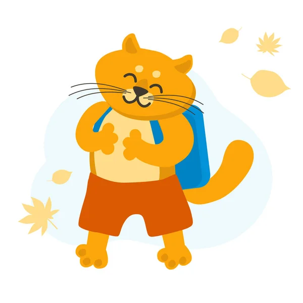 Vector Illustration Red Cat Schoolbag Autumn Leaves Going School Back — Stock Vector