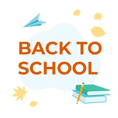 Çalışma kitapları, kağıt uçak, kalem ve sonbahar yapraklı vektör çizimi. Okul konseptine geri dönelim. Çocuk posteri. Okul, üniversite afişi ya da el ilanı. Öğrenci ya da öğrenci kartı kavramı