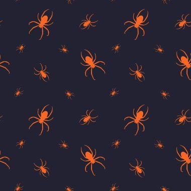 Cadılar bayramı için kusursuz korku şablonları. Ürkütücü örümcekler. Siyah arkaplanda turuncu siluet.