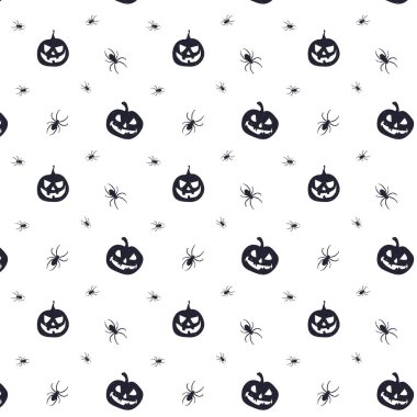 Cadılar Bayramı için kusursuz bir korku şablonu. Etrafta örümcekler olan ürkütücü, gülümseyen balkabağı. Beyaz arkaplanda siyah siluet.