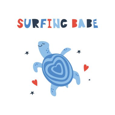 Kalpli, yıldızlı ve sörfçü bebek deyimiyle kaplumbağanın el çizimi. Çocuk tasarımı kavramı, çocuk posteri için sevimli çizgi film karakteri. Komik deniz yaratığı.