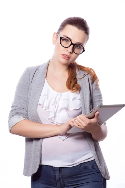 Brunette Size Woman Smart Casual Outfit Jacker Blouse Isolated White — Stock Photo, Image