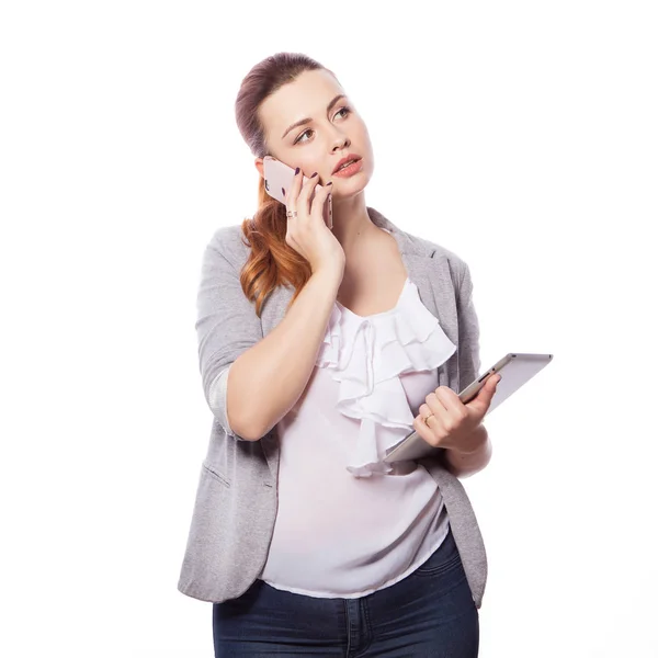 Brunette Size Vrouw Smart Casual Outfit Jacker Blouse Een Afgelegen — Stockfoto