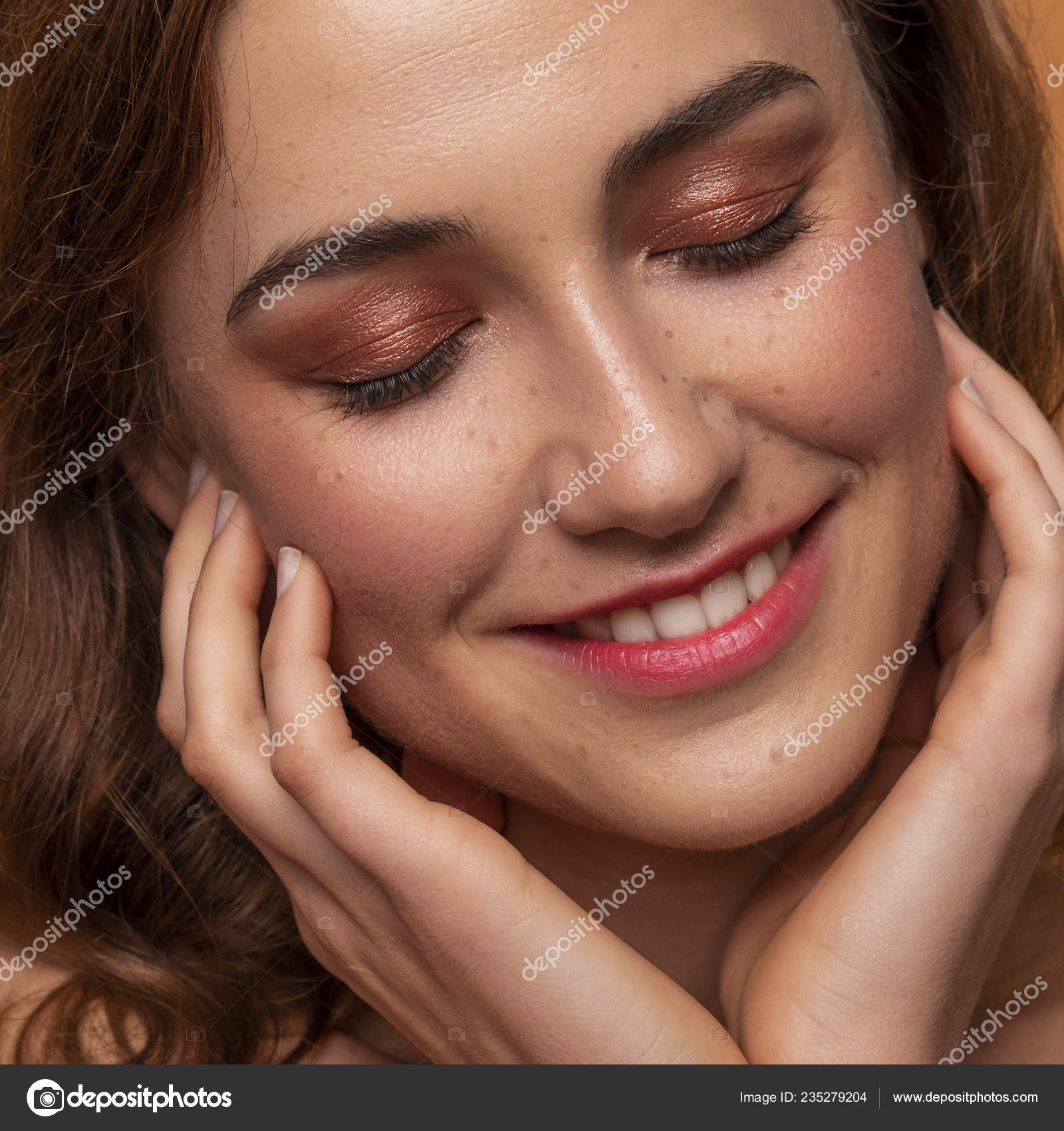 Cute Caucasian Brunette Woman Curly Hairstyle Orange Background