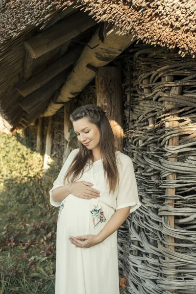 Morena Bonito Mulher Grávida Vestido Branco Campo Com Moinho Madeira — Fotografia de Stock