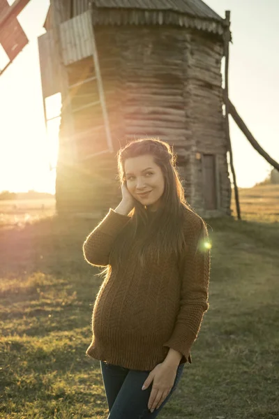 Brunetka Ładny Kobieta Ciąży Jeansy Sweter Polu Drewniany Młyn Tle — Zdjęcie stockowe