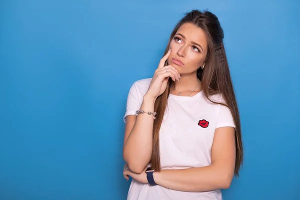 Cute Brunette Woman Long Hair Posing White Shirt Blue Background — Stock Photo, Image