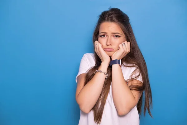 Cute Brunette Woman Long Hair Posing White Shirt Blue Background — Stock Photo, Image