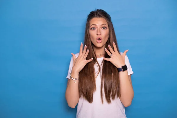 Cute Brunette Woman Long Hair Posing White Shirt Blue Background — Stock Photo, Image