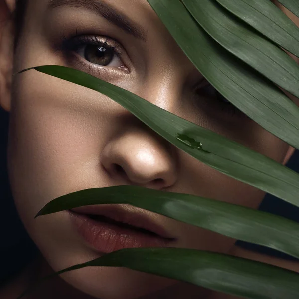 여성의 얼굴에 나뭇잎이 중립적 어두운 배경을 피부의 그녀는흠 피부를 가지고 — 스톡 사진