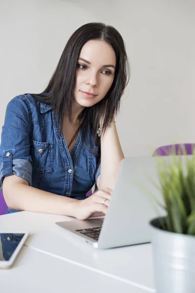 Woman at work or study in office. She do business using her lapt — Stock Photo, Image