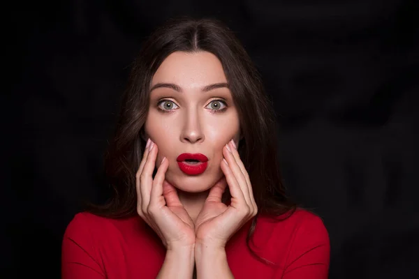 Emotional Head Shot Portrait Brunette Caucasian Woman Red Dress Red — Stock Photo, Image