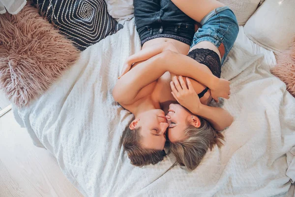 Young Loving Couple Caress Each Other Care Kiss Hug Each — Stock Photo, Image