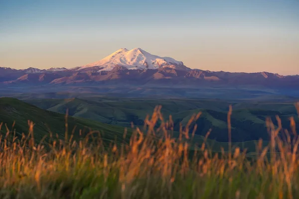 Bermamyt platosundan açık bir yaz gününde Elbrus 'ta pembe şafak.