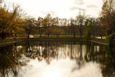 Moskova 'daki Novodevichy Manastırı' nın yanındaki gölet.