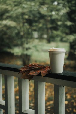 Parktaki sonbahar akçaağaç yaprağının üzerinde duran bir kupa kahve.