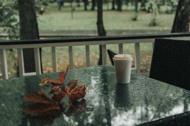 Parktaki ıslak masada bir kahve fincanı ve sonbahar yaprağı var.