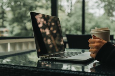 Kız bir kafede oturuyor ve dizüstü bilgisayarda klavye yazıyor. Yakınlarda bir fincan kahve var.