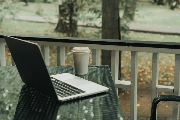 Parktaki bir kafede üzerinde kahve olan bir laptop ve bir kupa var.