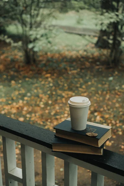 Una Taza Café Está Los Libros Sobre Mesa Parque — Foto de Stock