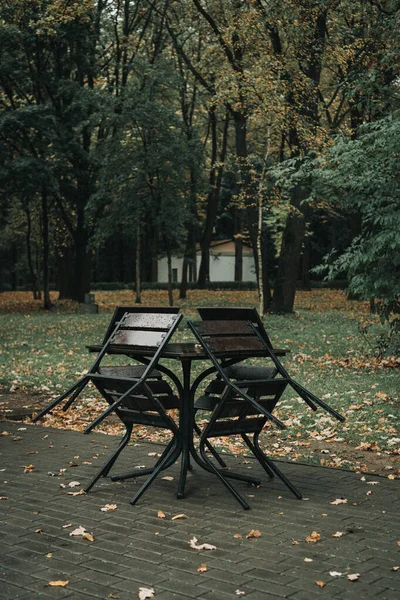 Boş Bir Sonbahar Parkında Masa Sandalyeler — Stok fotoğraf