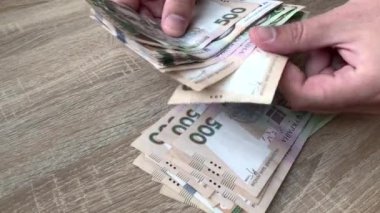 Erkek ellerine yakın çekim yaparak büyük miktarlarda parayı elle sayıyorlar. 500 Ukrayna Hrivniası 'nın banknotlarını sayıyorum. Yatırım, başarı, finansal beklentiler veya kariyer büyümesi kavramı. 4K.