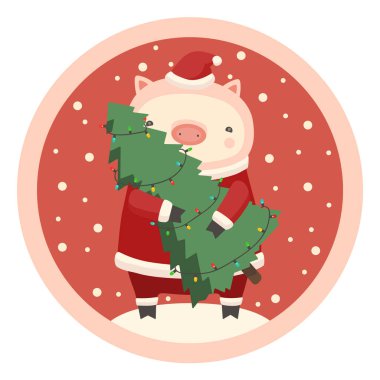Bir Noel ağacı Noel Baba kostüm küçük domuz tutar