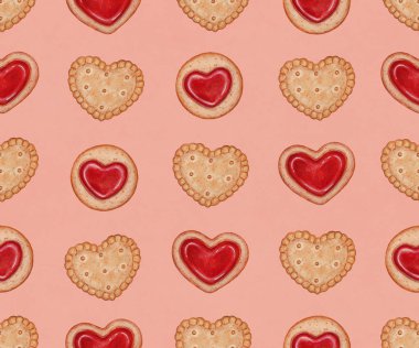 Watercolor heart shaped cookies. Valentine's day background. Seamless pattern