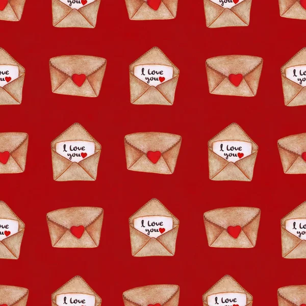 Watercolor postal envelopes on red background. Seamless pattern. Valentine\'s day background