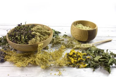 Ahşap arka plan üzerinde kurutulmuş farklı otlar, metin için beyaz alan