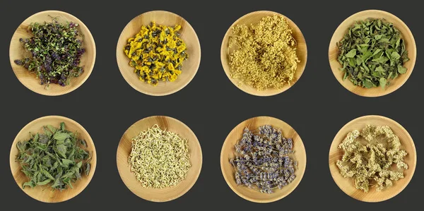 Healing herbs in wooden bowls on dark grey background