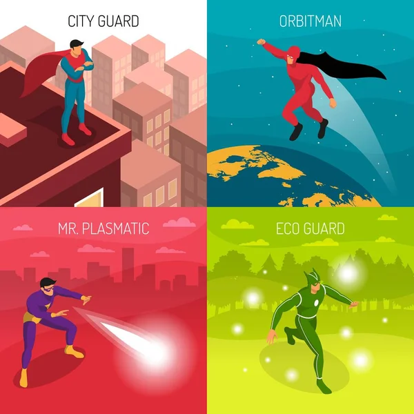 Quatro Super Heróis Com Vários Poderes Isométricos Conceito Design 2X2 —  Vetores de Stock
