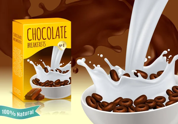 Chocolate Breakfast Cereals Realistic Composition — Stock Vector